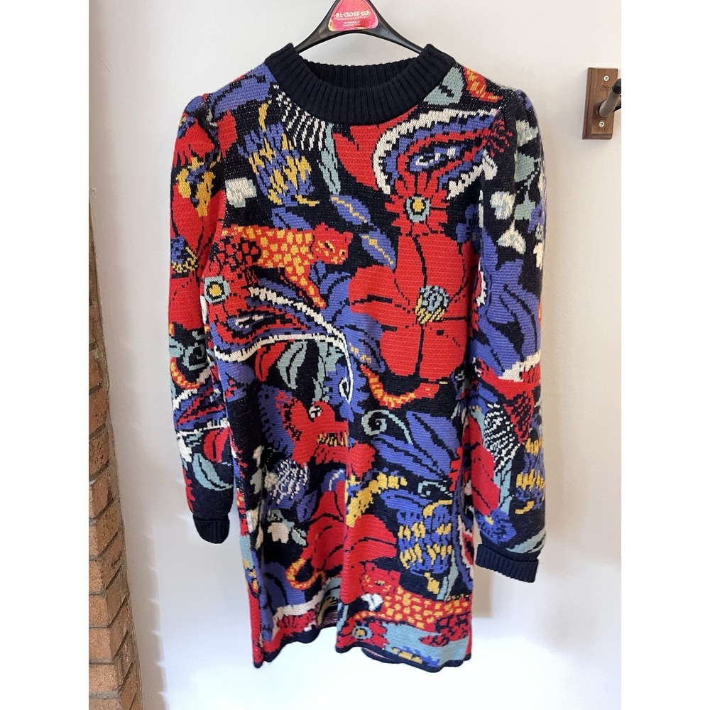 Farm Rio Vintage Forest Blue Knit Sweater Dress Womens Medium Puff Sleeves
